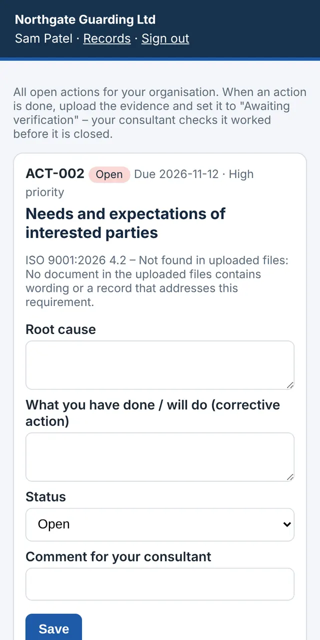 Client portal action on a phone